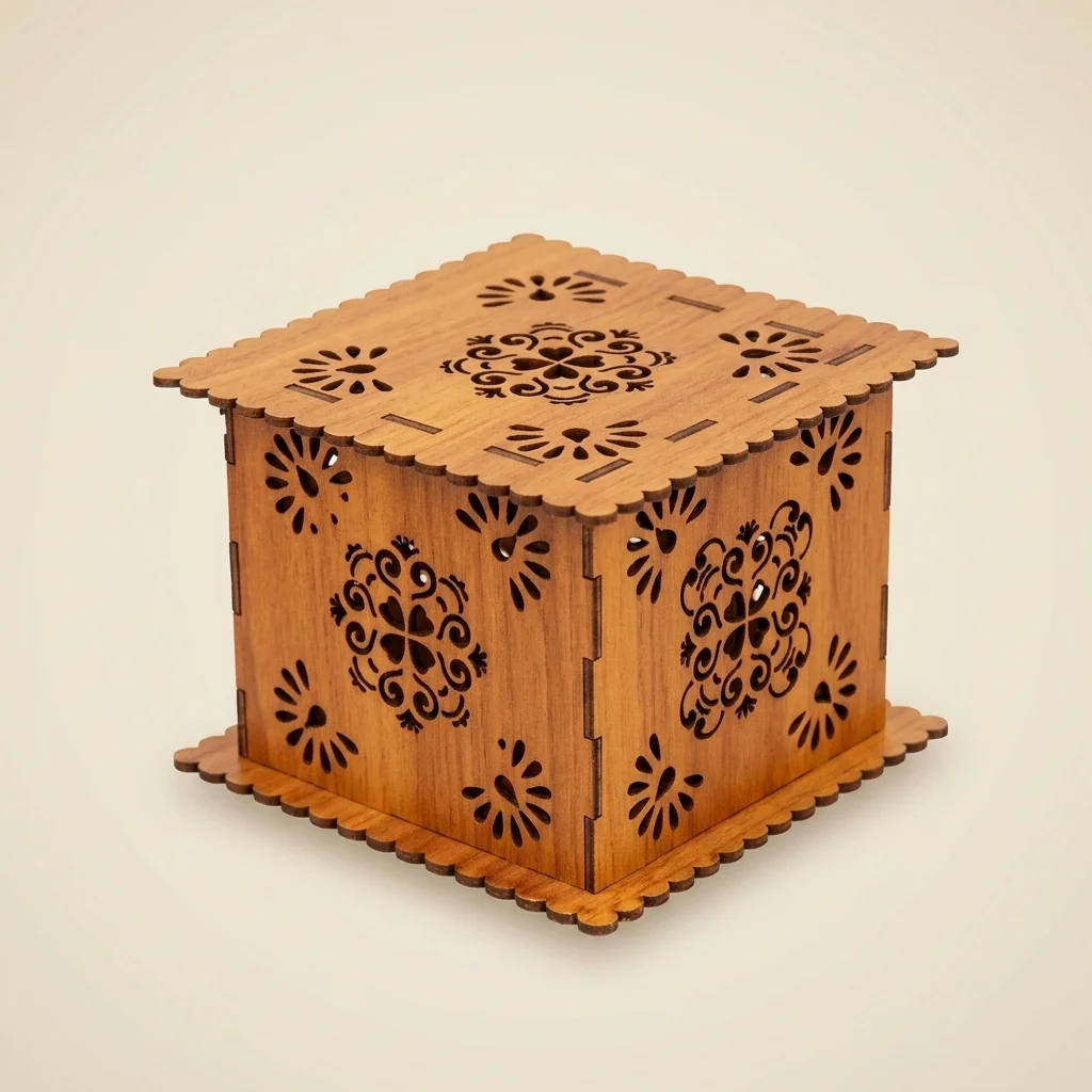 Caja decorativa con tapa y grabado calado floral