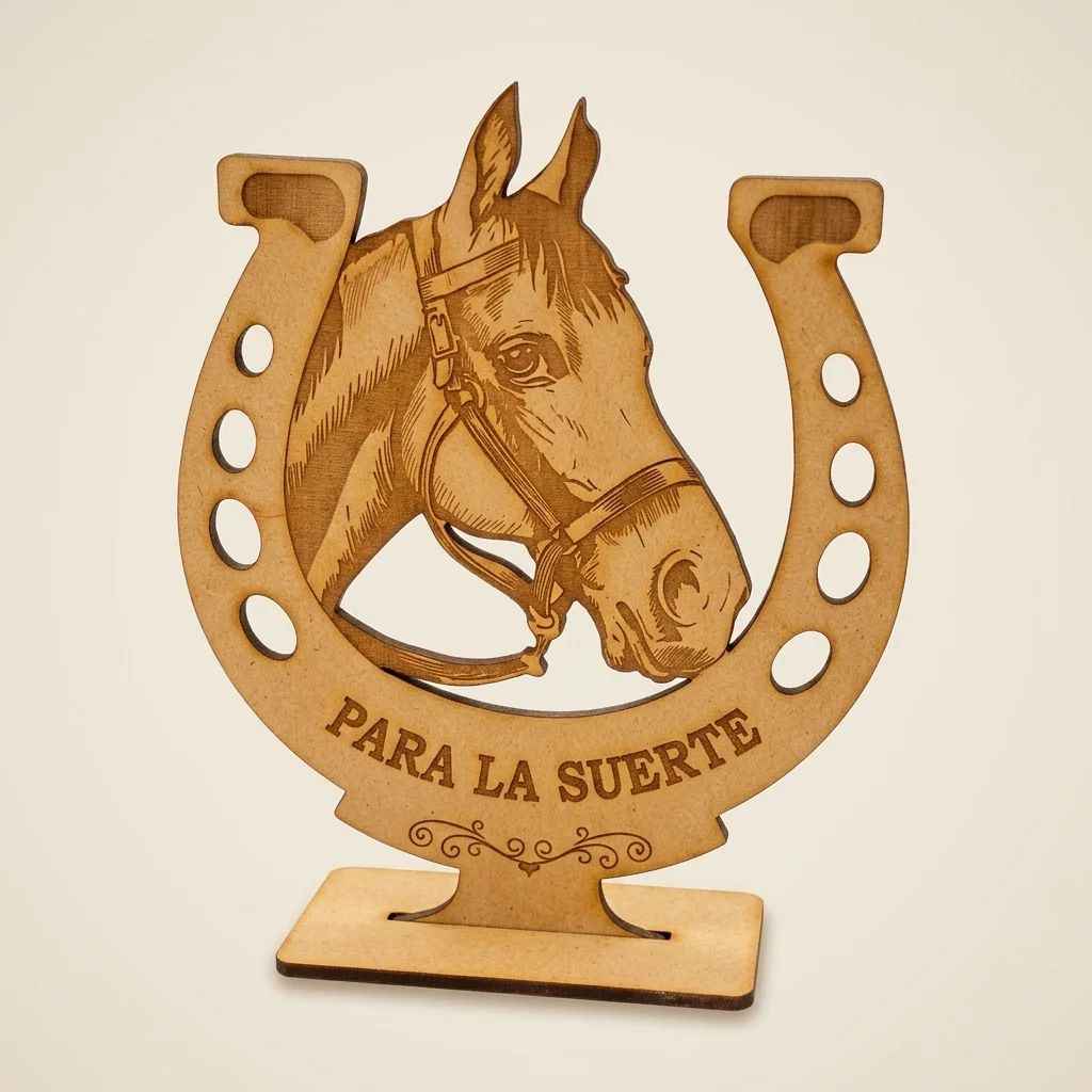 Trofeo herradura 'Para la suerte' con caballo grabado