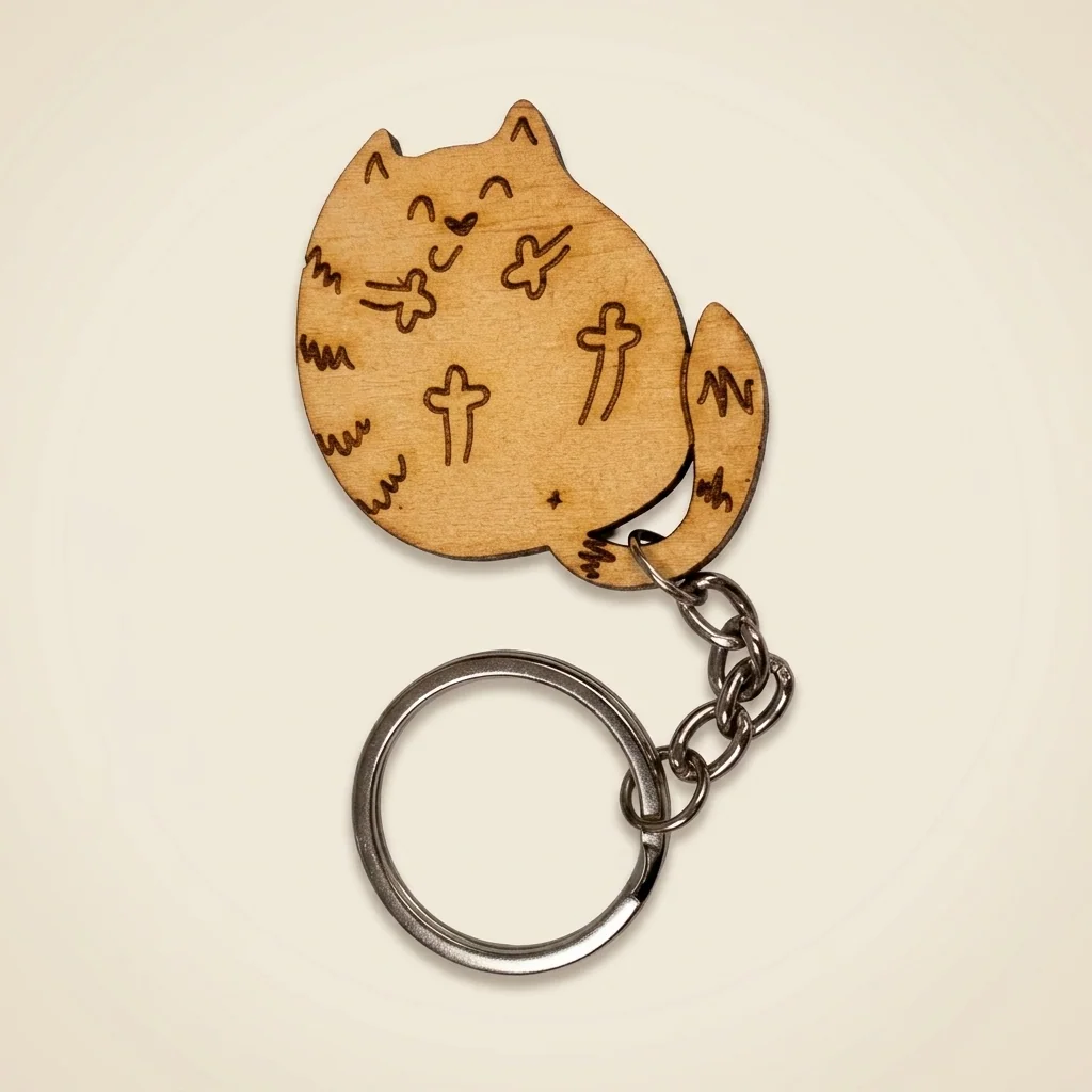 Llavero de gatito gordito con detalles grabados