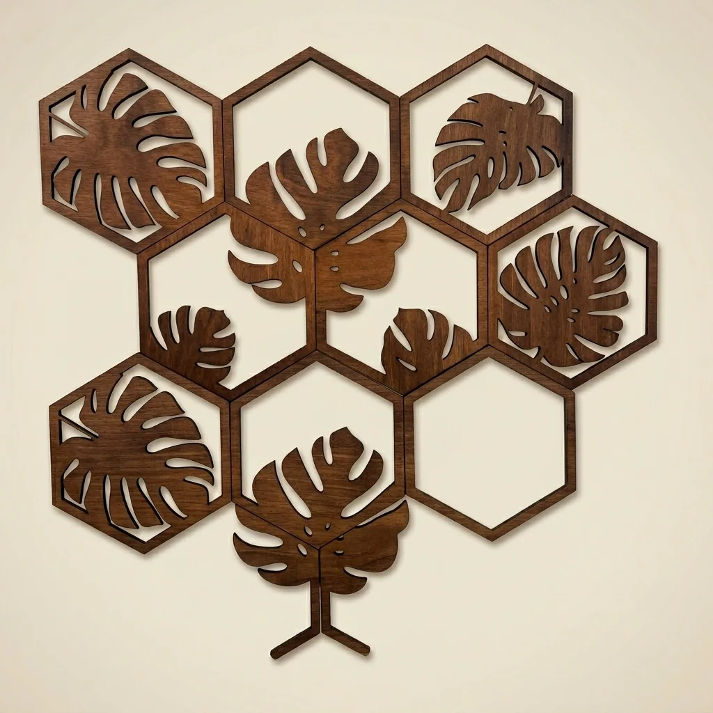 Cuadro hexagonal monstera estilo boho en madera