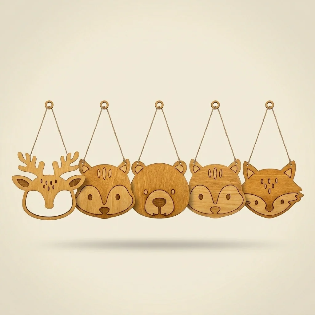 Set de 5 animales del bosque colgantes en madera