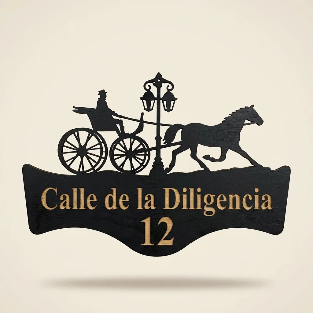 Placa de dirección con cochero antiguo y farola